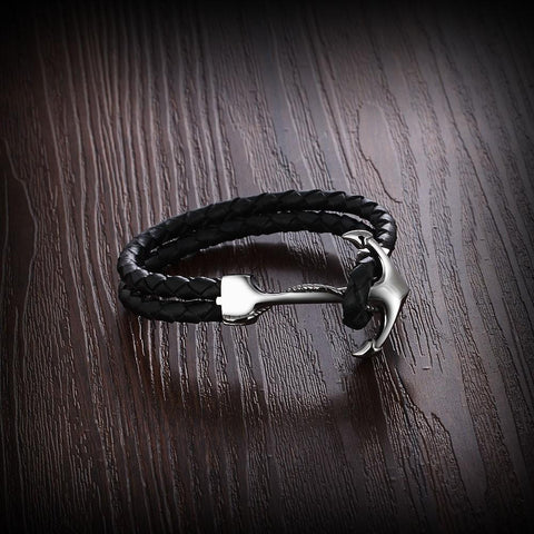 Genuine Leather Anchor Style Stainless Steel Bracelet