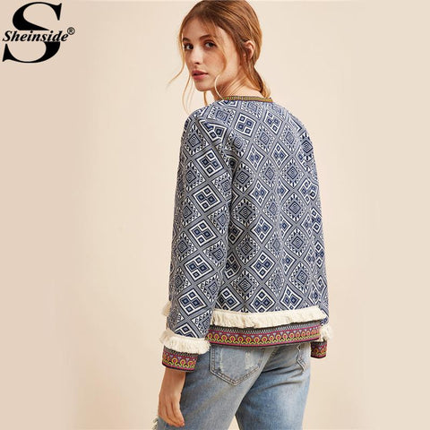 Traditional Sheinside Tribal Elegant Embroidered Autumn Jacket