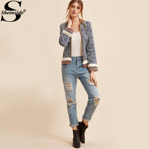 Traditional Sheinside Tribal Elegant Embroidered Autumn Jacket