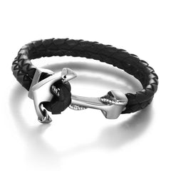 Genuine Leather Anchor Style Stainless Steel Bracelet