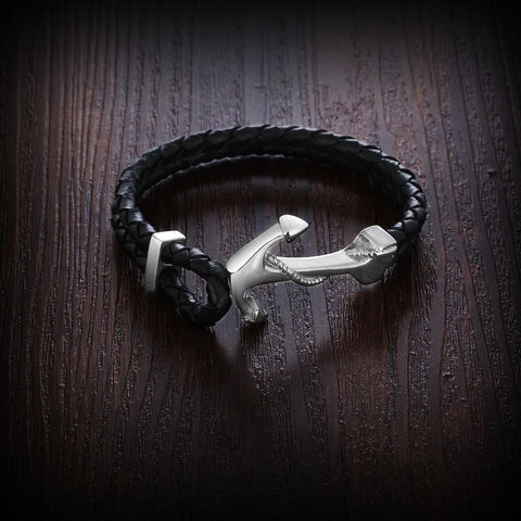 Genuine Leather Anchor Style Stainless Steel Bracelet